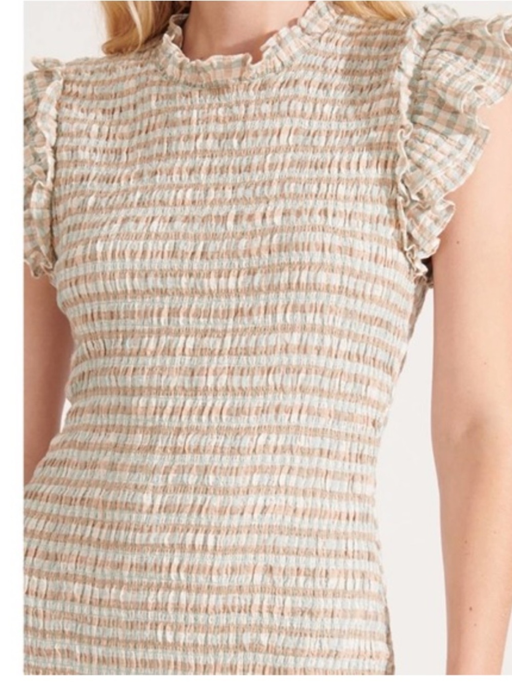 Veronica Beard Smocked Midi Dress in Beige and Cream Stripe